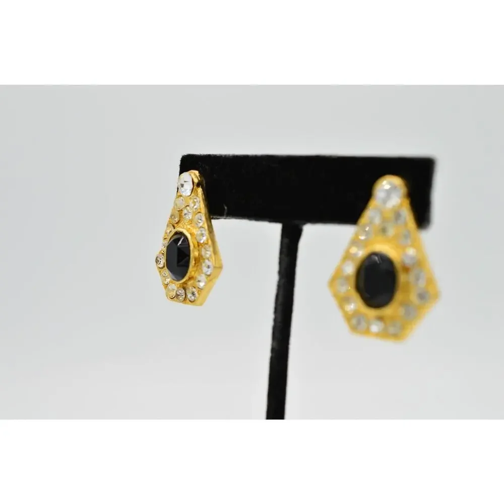 Vintage Earrings Sparkling Black Rhinestone Crystal Gold Statement NOS 1980s 9L